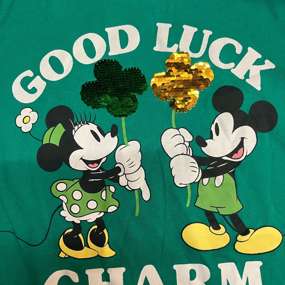 St. Patrick Disney Good Luck Charm Girls Size 10/12 Green Clover Sequin Tshirt